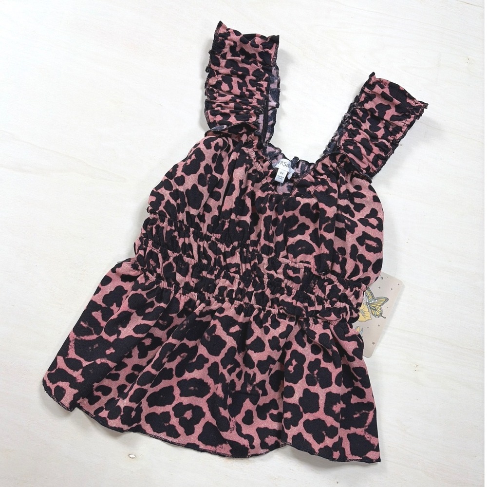 Persaya Pink Black Leopard Print Smocked Peplum Top Ruffle Straps Size Medium